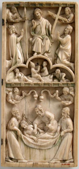 Wing, right (part of a diptych), 2 registers, bands of rosettes (décor de roses) (Front)