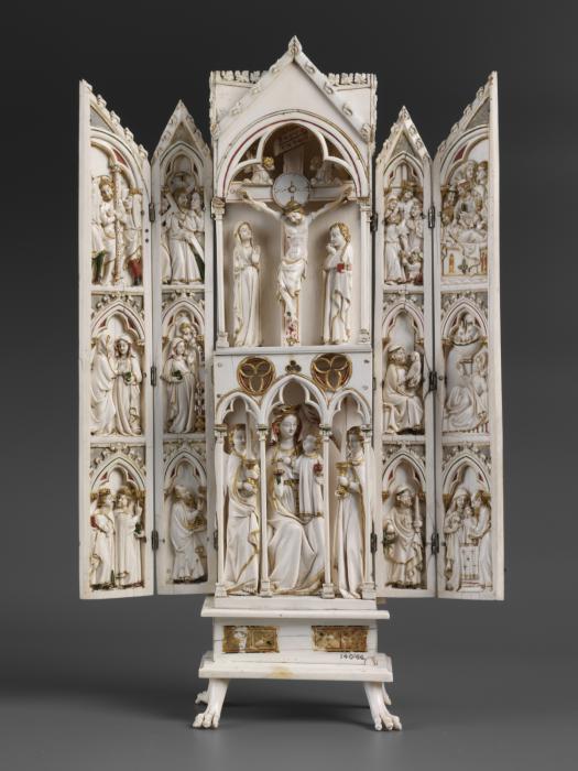 Gabled polyptych, 2 registers, with arches (tabernacle; colonnettes; frise d'arcatures) (Front, open)