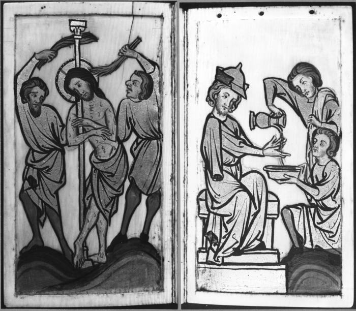 Devotional booklet, with covers, 1 register, 2 arches across and 6 painted panels (frise d'arcatures; plaquette) (Folios 2v-3r)