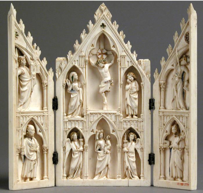 Gabled triptych, 2 registers (colonnettes; frise d'arcatures) (Front, open)