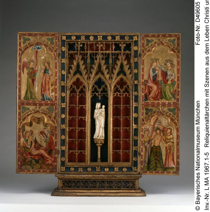 Statuette; reused in a painted wooden reliquary-altarpiece (Front)