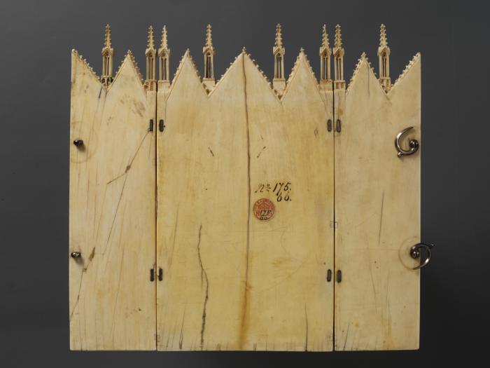 Triptych with gables, 3 registers, with arches across (frise d'arcatures; colonnettes) (Back, open)