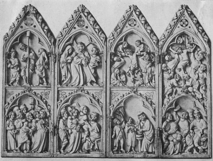 Gabled polyptych, 2 registers, 1 arch across (frise d'arcatures; colonnettes) (Front)