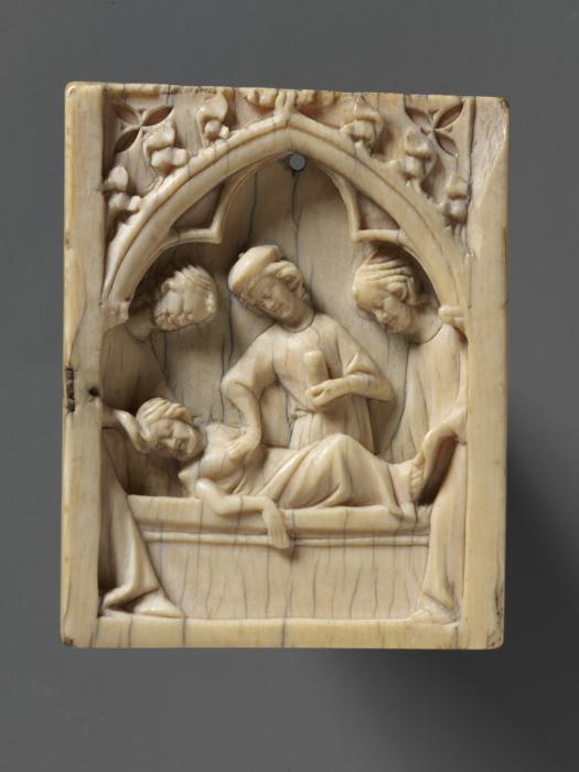 Wing, right (fragment of a diptych; lower register), 1 register, 1 arch across (plaquette) (Front)