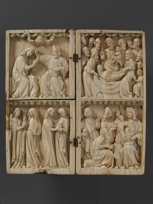 Wing, right (part of a diptych), 2 registers, bands of rosettes (décor de roses) (Front)