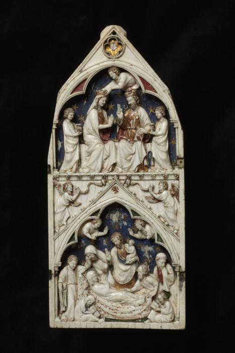 Gabled centre panel, bands of rosettes (fragment of polyptych or tabernacle; décor de roses; colonnettes) (Front)