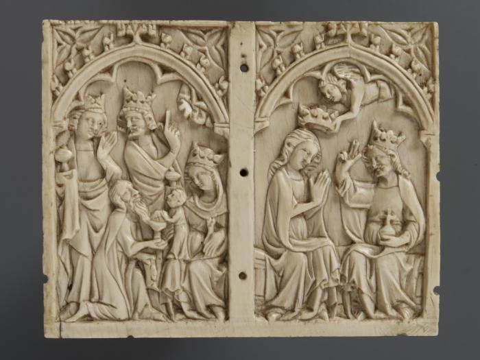 Panel (fragment of a casket), 1 register, 2 arches across (coffret; frise d'arcatures) (Front)