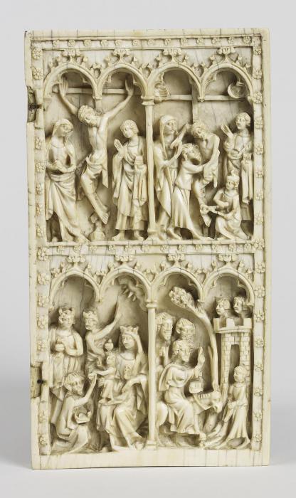 Wing, right (fragment of a diptych), 2 registers, 4 arches across, bands of rosettes (frise d'arcatures; colonnettes; décor de roses) (Front)