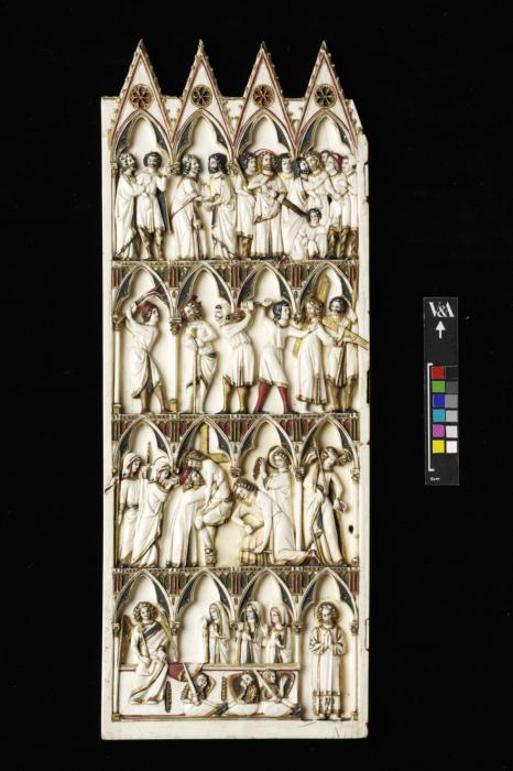 Panel with gables, 4 registers, 4 arches across (frise d'arcatures); also known as the Salting leaf (Front)