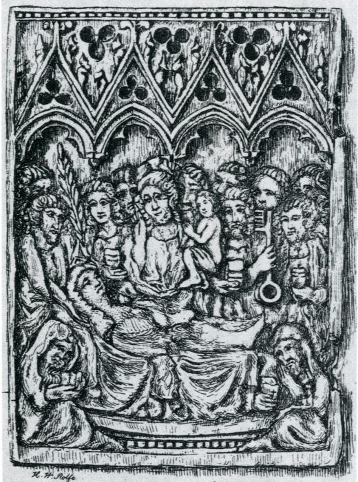 Wing, left (fragment of a diptych), 1 register, 4 arches across (plaquette; frise d'arcatures) (Front, drawing)