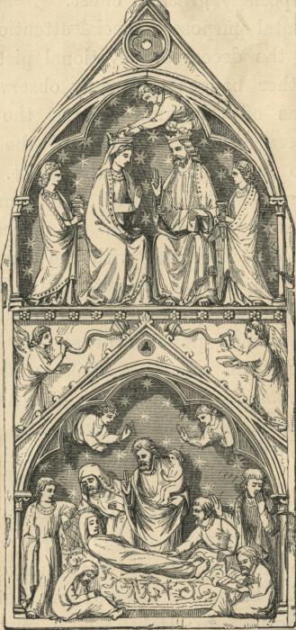 Gabled centre panel, bands of rosettes (fragment of polyptych or tabernacle; décor de roses; colonnettes) (Front)