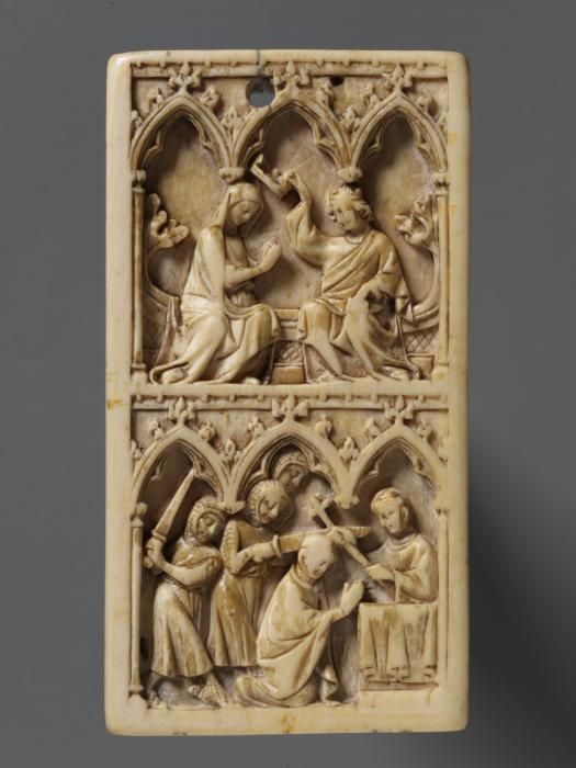 Panel (fragment of a box), 2 registers, 3 arches across (frise d'arcatures; colonnettes) (Front)