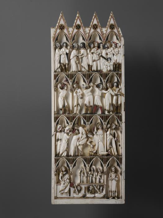 Panel with gables, 4 registers, 4 arches across (frise d'arcatures); also known as the Salting leaf (Front)