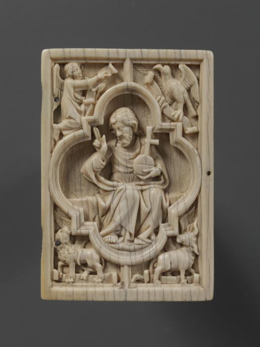 Diptych, with quatrefoils (quatre-feuille); reused as part of the binding of a book (Wing, right)