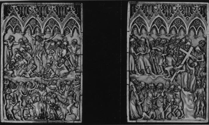 Diptych, 1 register, 4 arches across (frise d'arcatures); used as part of the binding of a book