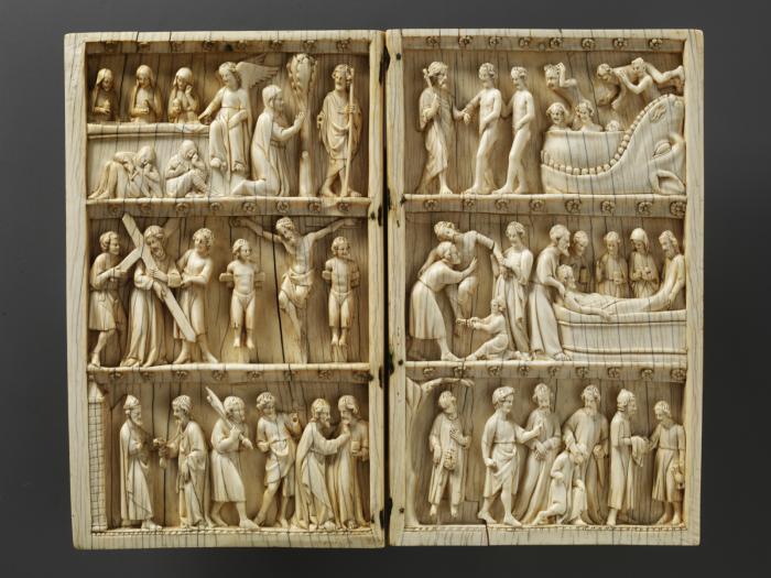 Diptych, 3 registers, bands of rosettes (plaquettes; décor de roses) (Front, open)