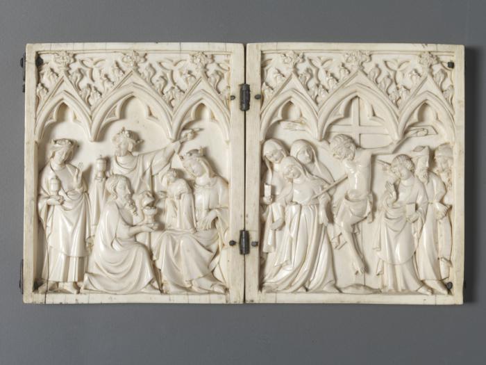 Diptych, 1 register, 3 arches across (plaquettes; frise d'arcatures) (Front (open))