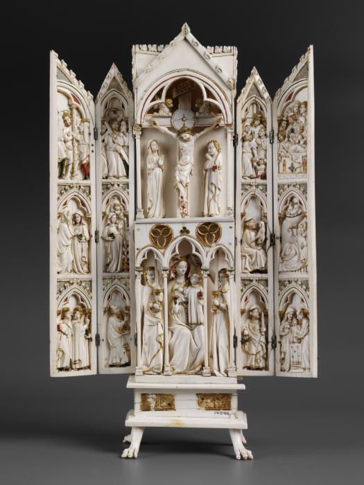 Gabled polyptych, 2 registers, with arches (tabernacle; colonnettes; frise d'arcatures) (Front, open)