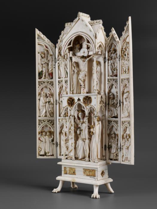 Gabled polyptych, 2 registers, with arches (tabernacle; colonnettes; frise d'arcatures) (Front, open)