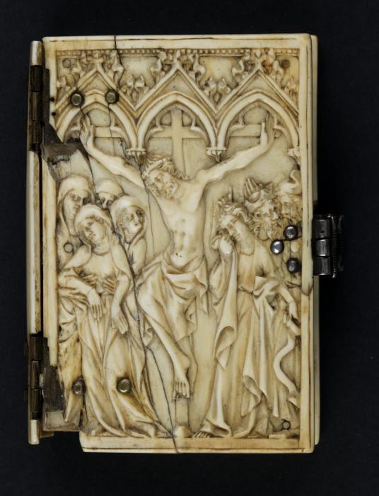 Diptych, 1 register, 3 arches across (plaquettes; frise d'arcature); reused as part of the binding of a book (Wing, right (upper cover))