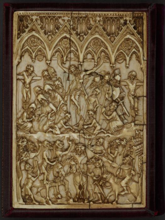 Diptych, 1 register, 4 arches across (frise d'arcatures); used as part of the binding of a book (Wing, left (back cover))