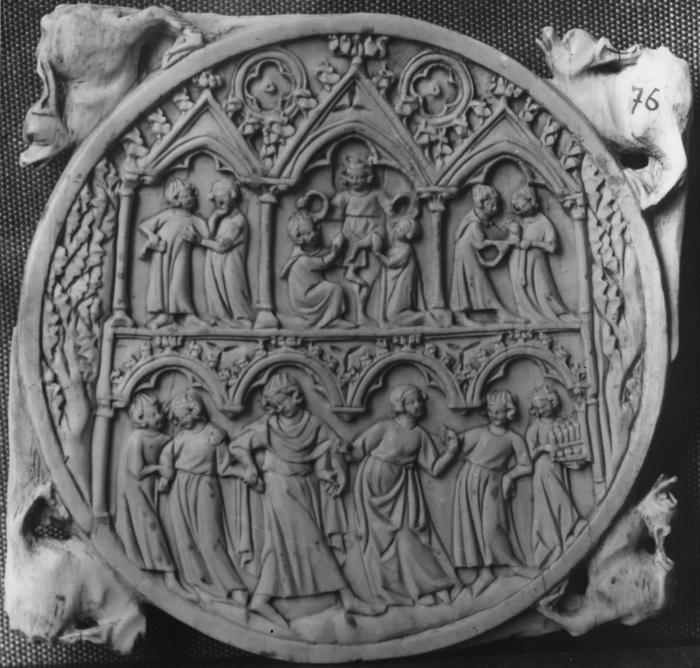 Mirror case, 2 registers, with arches (valve de miroir; frise d'arcatures; colonnettes) (Front)