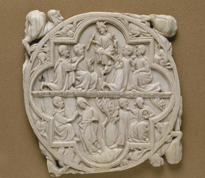 Mirror case, 2 registers, frame of 4 lobes, bands of rosettes (valve de miroir; décor de roses) (Front)
