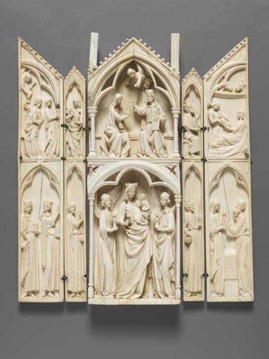 Gabled polyptych, 2 registers (tabernacle; frise d'arcatures; colonnettes) (Front)