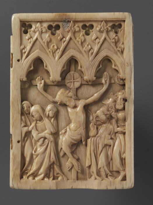 Wing, right (part of a diptych), 1 register, 3 arches across (plaquette, frise d'arcatures); probably reused as the binding of a booklet (Front)