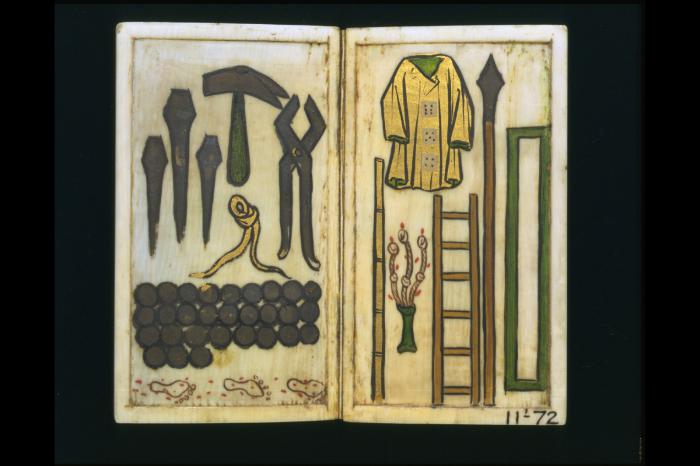 Devotional booklet, with covers, 1 register, 2 arches across and 6 painted panels (frise d'arcatures; plaquette) (Folios 6v-7r)
