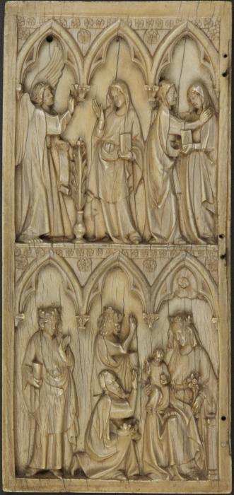 Diptych, 2 registers, 3 arches across, bands of rosettes (frise d'arcatures; décor de roses) (Wing, left)