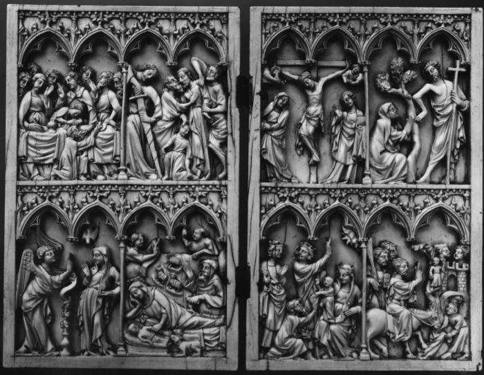 Diptych, 2 registers, 4 arches across (frise d'arcatures, colonnettes) (Front, open)