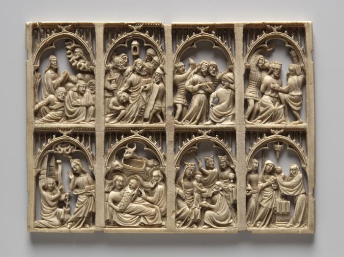 Openwork panel (possibly fragment of a casket), 2 registers, 4 arches across (colonnettes; frise d'arcatures; plaque ajourée) (Front)