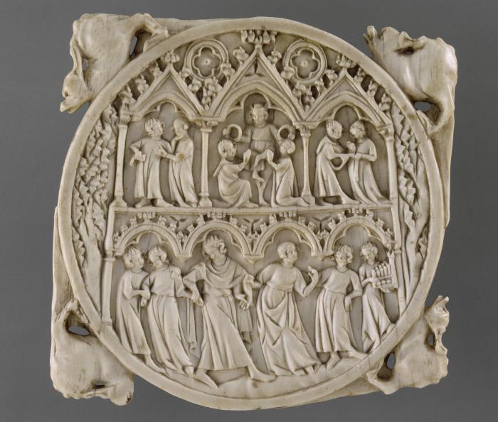 Mirror case, 2 registers, with arches (valve de miroir; frise d'arcatures; colonnettes) (Front)