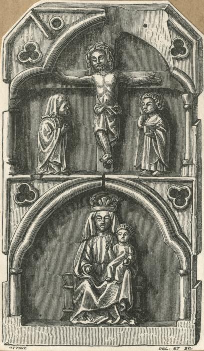 Centre panel with truncated gable (fragment of a triptych), 2 registers, 1 arch across (colonnettes) (Engraving)