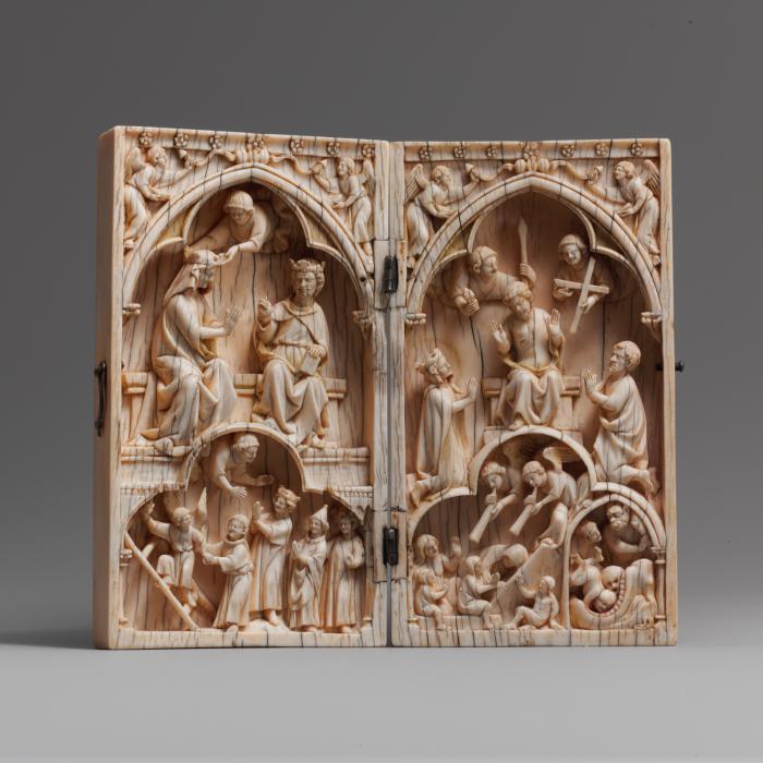 Diptych, 2 registers, 1 arch across, bands of rosettes (plaquettes; décor de roses) (Front)