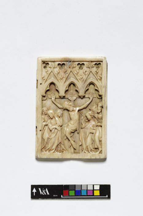 Wing, right (part of a diptych), 1 register, 3 arches across (plaquette, frise d'arcatures); probably reused as the binding of a booklet (Front)
