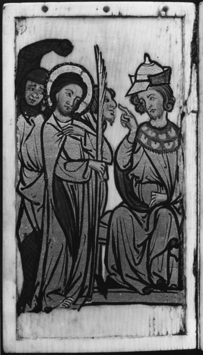Devotional booklet, with covers, 1 register, 2 arches across and 6 painted panels (frise d'arcatures; plaquette) (Folio 1v)
