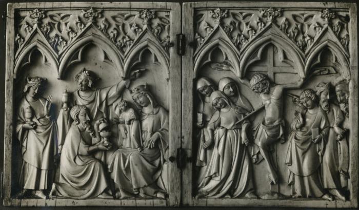Diptych, 1 register, 3 arches across (plaquettes; frise d'arcatures) (Front (open))