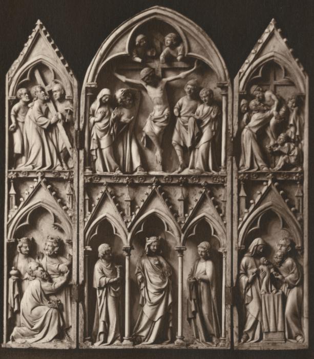 Triptych, 2 registers, with arches and bands of roses (décor de roses; colonnettes; frise d'arcatures); known as Triptyque de Saint-Sulpice-du-Tarn (Front)