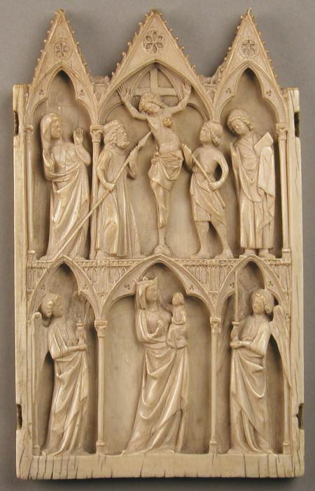Gabled centre panel (fragment of a triptych), 2 registers, 3 arches across (frise d'arcatures; colonnettes) (Front)