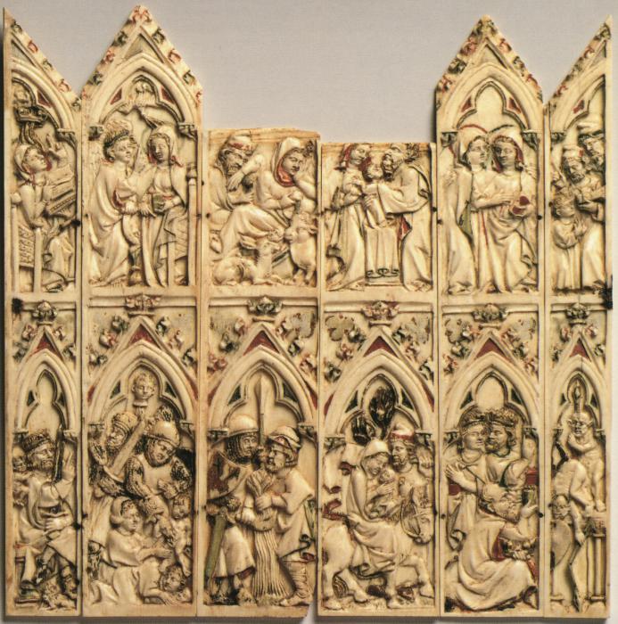 Wings, 2 registers, 1 arch across (fragment of a polyptych; missing centre panel) (Front (open))