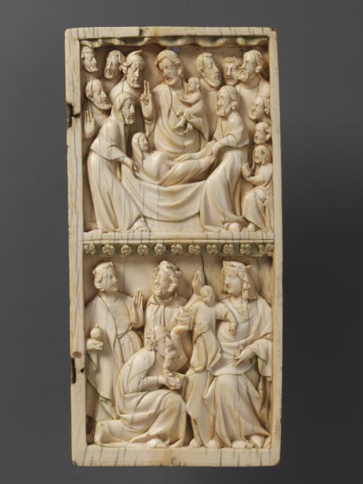 Wing, right (part of a diptych), 2 registers, bands of rosettes (décor de roses) (Front)