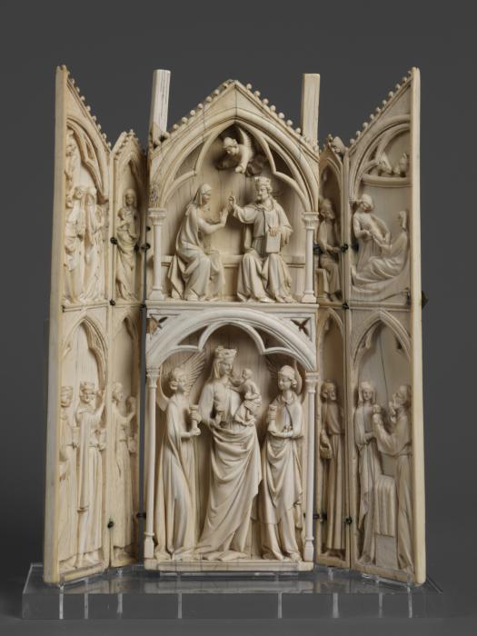 Gabled polyptych, 2 registers (tabernacle; frise d'arcatures; colonnettes) (Front, open)