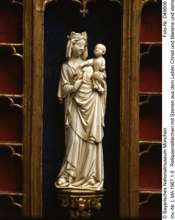 Statuette; reused in a painted wooden reliquary-altarpiece (Front)