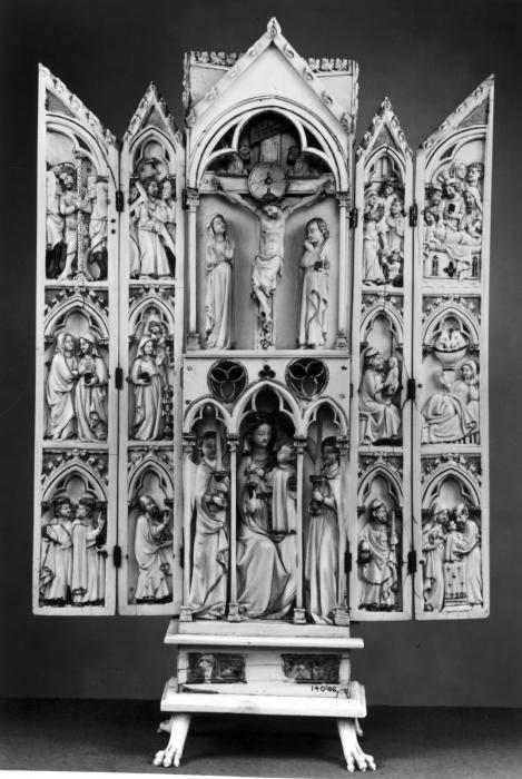 Gabled polyptych, 2 registers, with arches (tabernacle; colonnettes; frise d'arcatures) (Front, open)