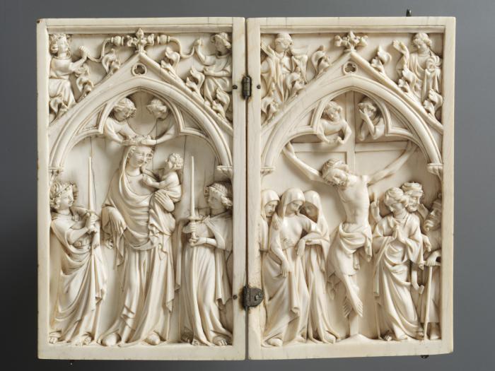 Diptych, 1 register, 1 arch across (plaquettes) (Front (open))