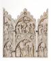 Gabled triptych, 2 registers, 1 arch across, bands of rosettes (colonnettes; décor de roses) (Front, open)